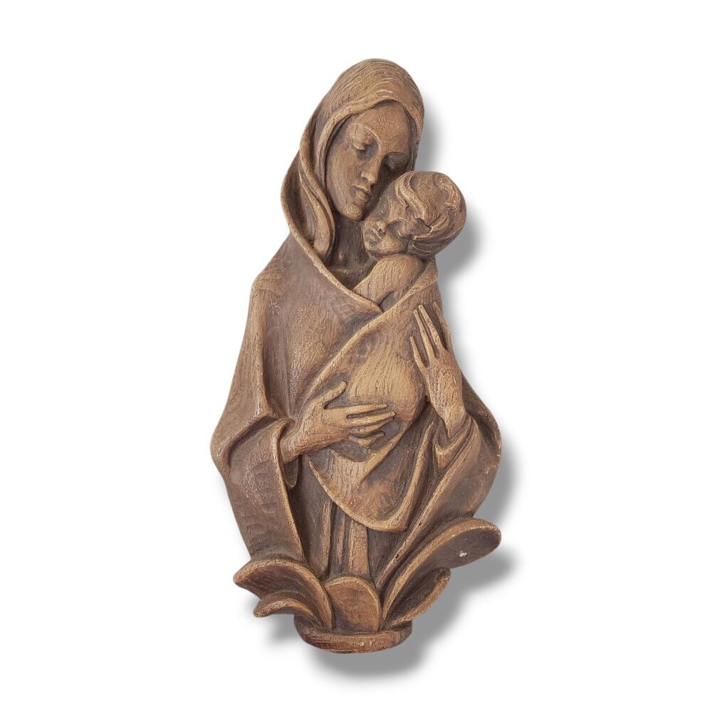 Mother Mary and Child Baby Jesus Wall Hanging Wood Carving Madonna Mid Century